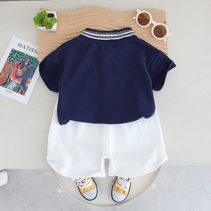 Infants Printed Polo Collar Pure Cotton T-shirt With Shorts