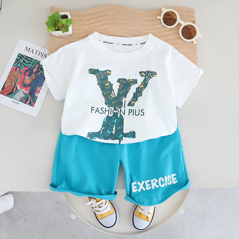 Boys Printed Round Neck Pure Cotton T-shirt with Shorts