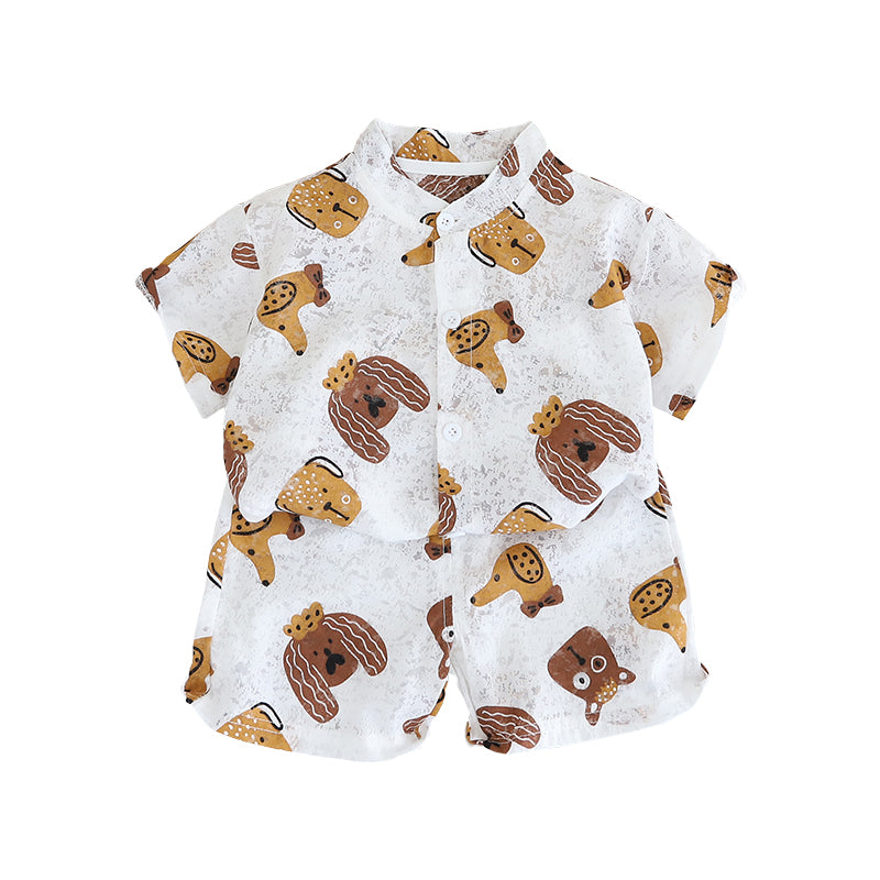 Boys Animal Printed Mandarin Collar Pure Cotton Shirt With Shorts