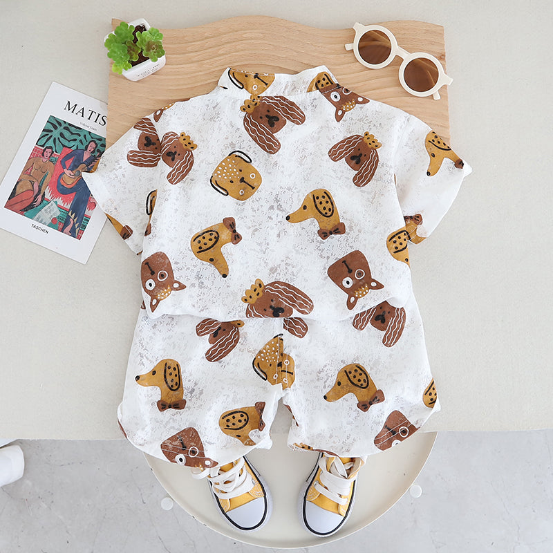 Boys Animal Printed Mandarin Collar Pure Cotton Shirt With Shorts
