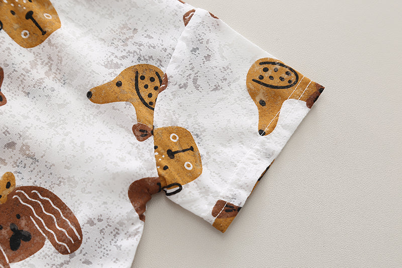 Boys Animal Printed Mandarin Collar Pure Cotton Shirt With Shorts