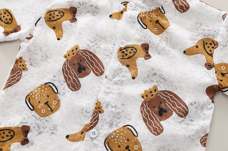Boys Animal Printed Mandarin Collar Pure Cotton Shirt With Shorts