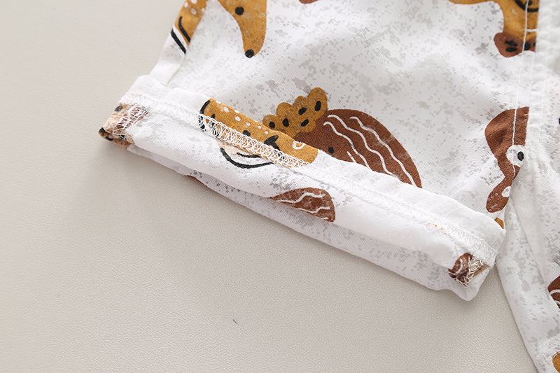 Boys Animal Printed Mandarin Collar Pure Cotton Shirt With Shorts