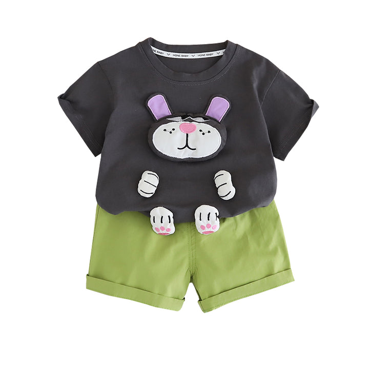 Boys Embroidered Round Neck Pure CottonT-shirt With Shorts