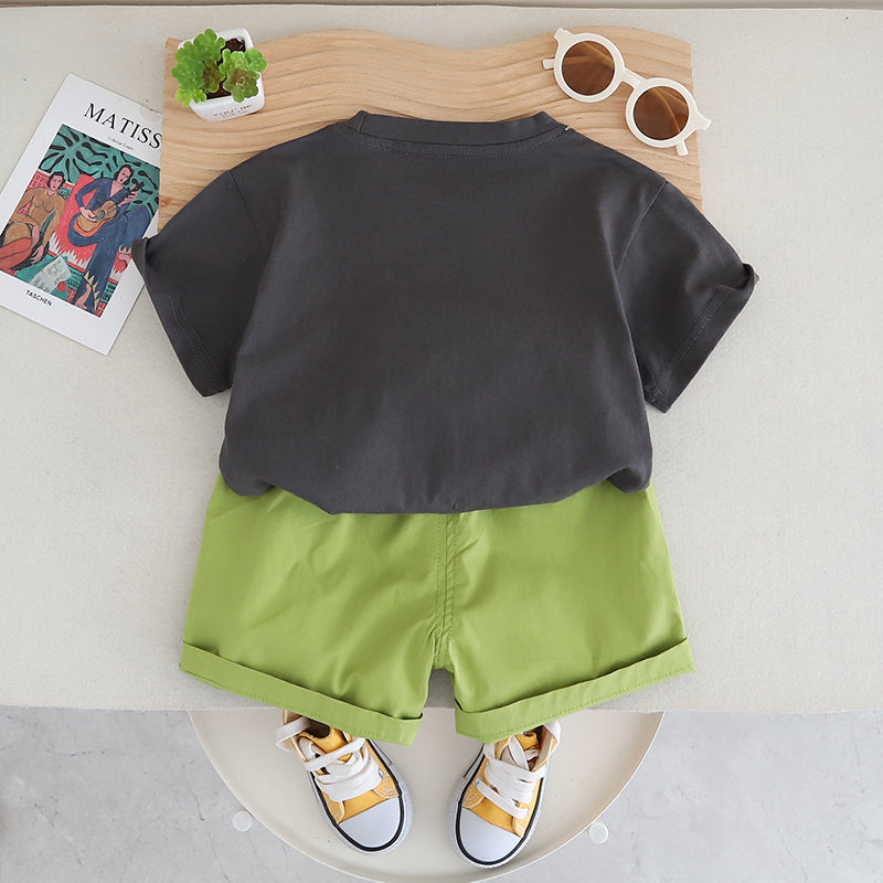 Boys Embroidered Round Neck Pure CottonT-shirt With Shorts