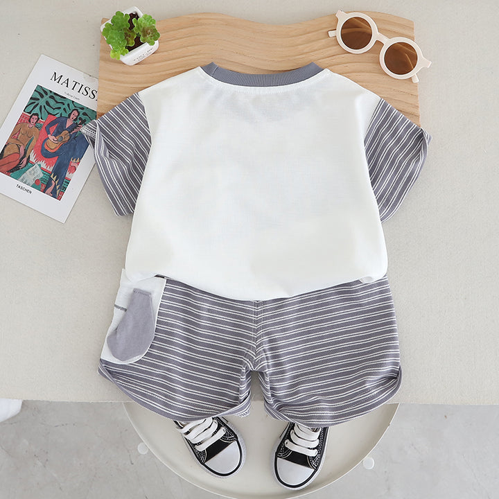 Boys Striped Round Neck Pure Cotton T-shirt with Shorts