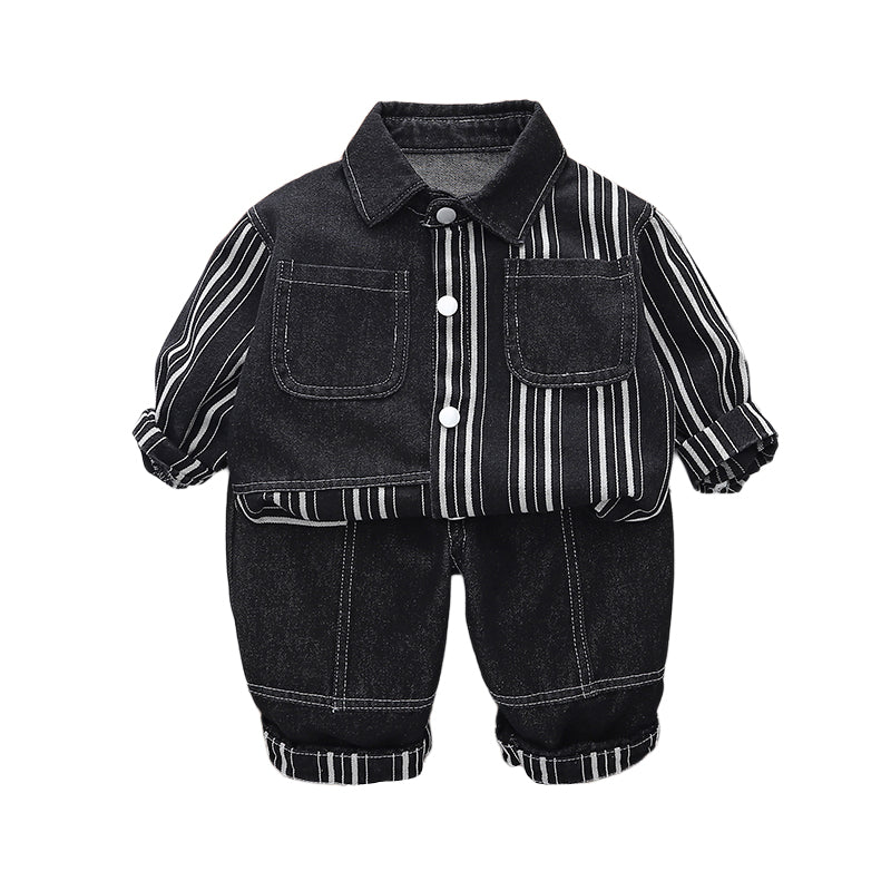 Boys Striped Shirt Collar Pure Cotton Shirt With Trousers
