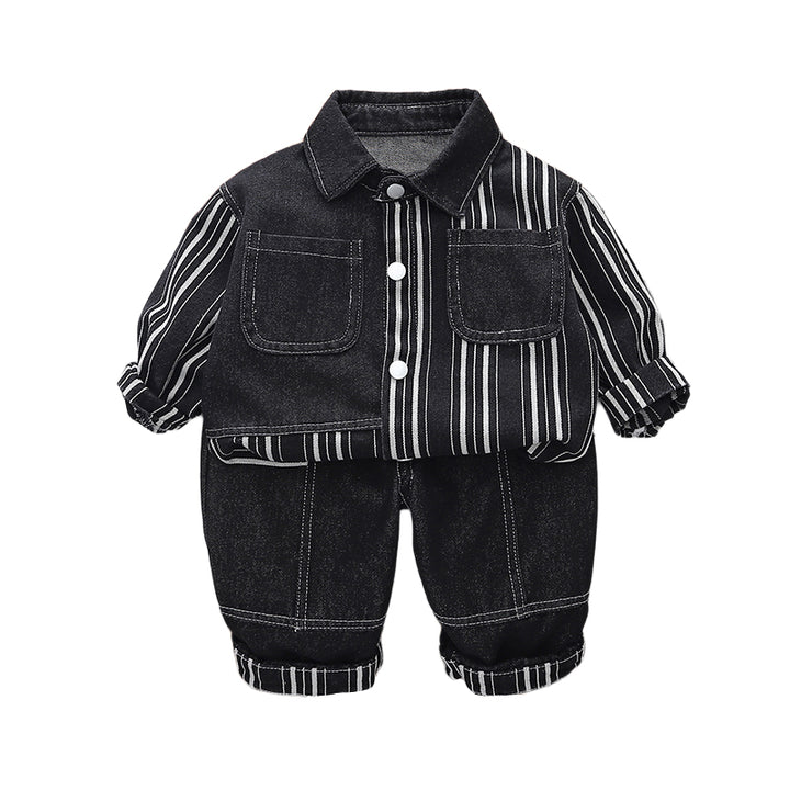 Boys Striped Shirt Collar Pure Cotton Shirt With Trousers