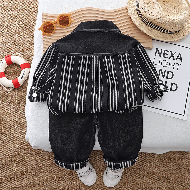 Boys Striped Shirt Collar Pure Cotton Shirt With Trousers