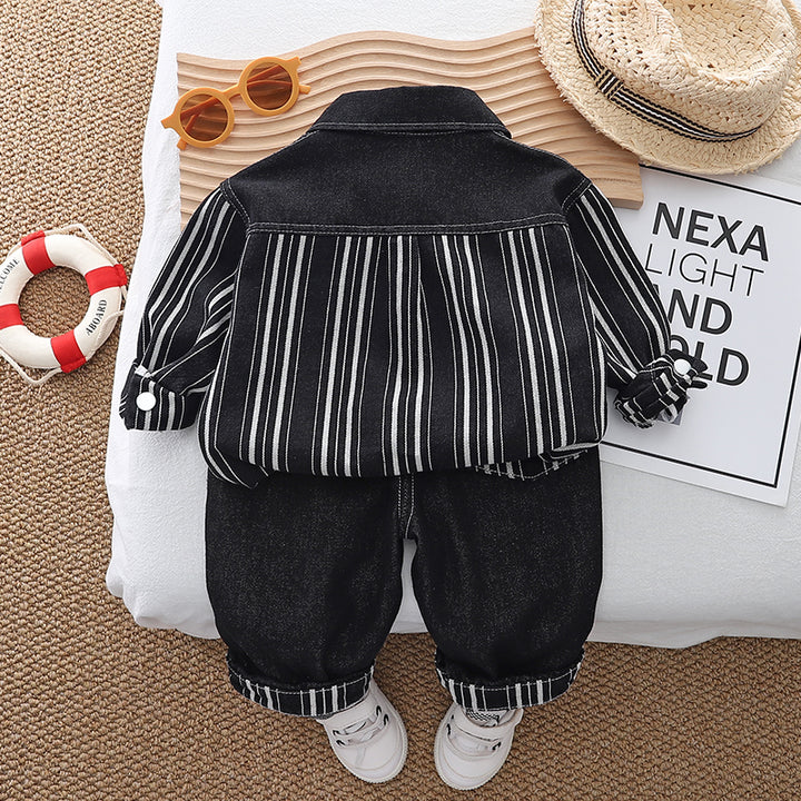 Boys Striped Shirt Collar Pure Cotton Shirt With Trousers
