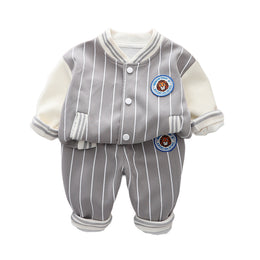 Boys Striped Mandarin Collar T-shirt With Trousers