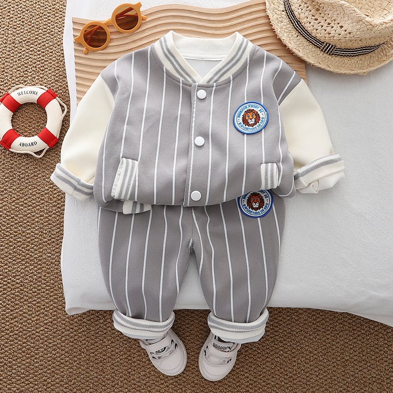 Boys Striped Mandarin Collar T-shirt With Trousers