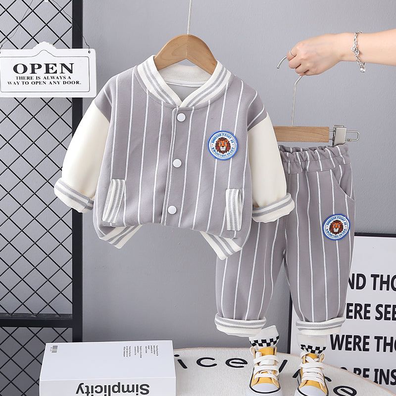 Boys Striped Mandarin Collar T-shirt With Trousers