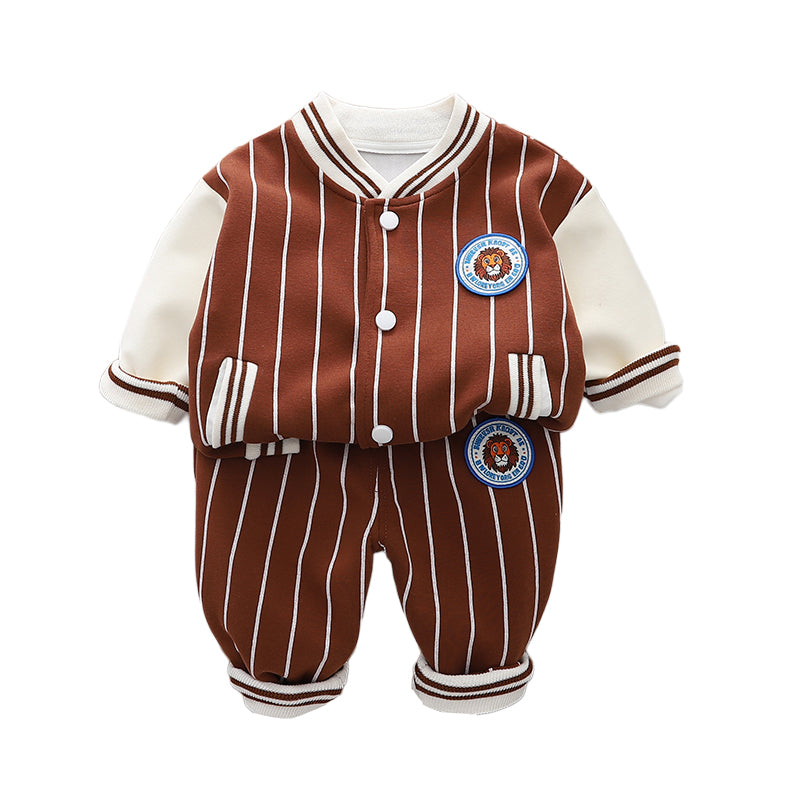 Boys Striped Mandarin Collar T-shirt With Trousers