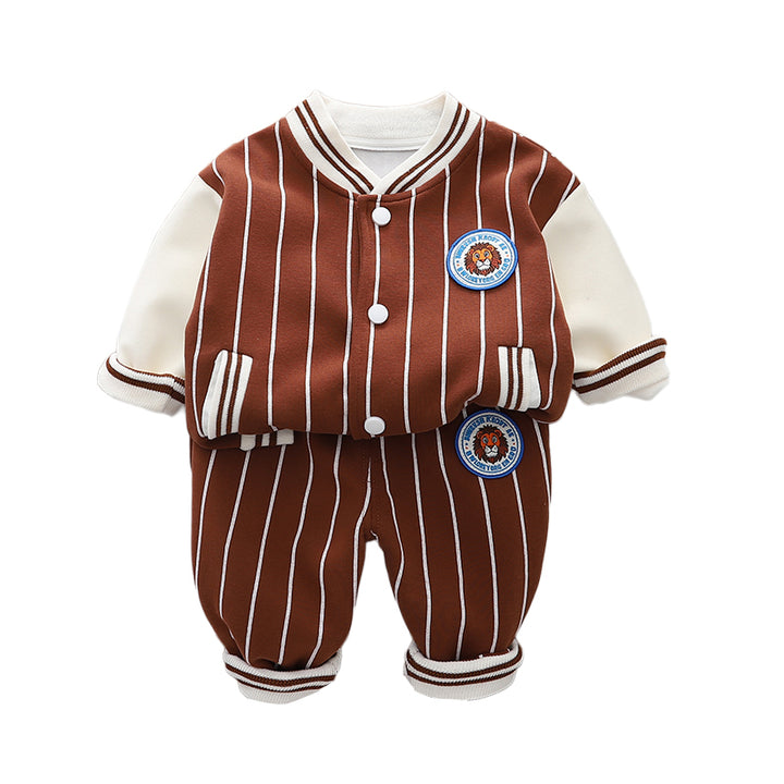 Boys Striped Mandarin Collar T-shirt With Trousers
