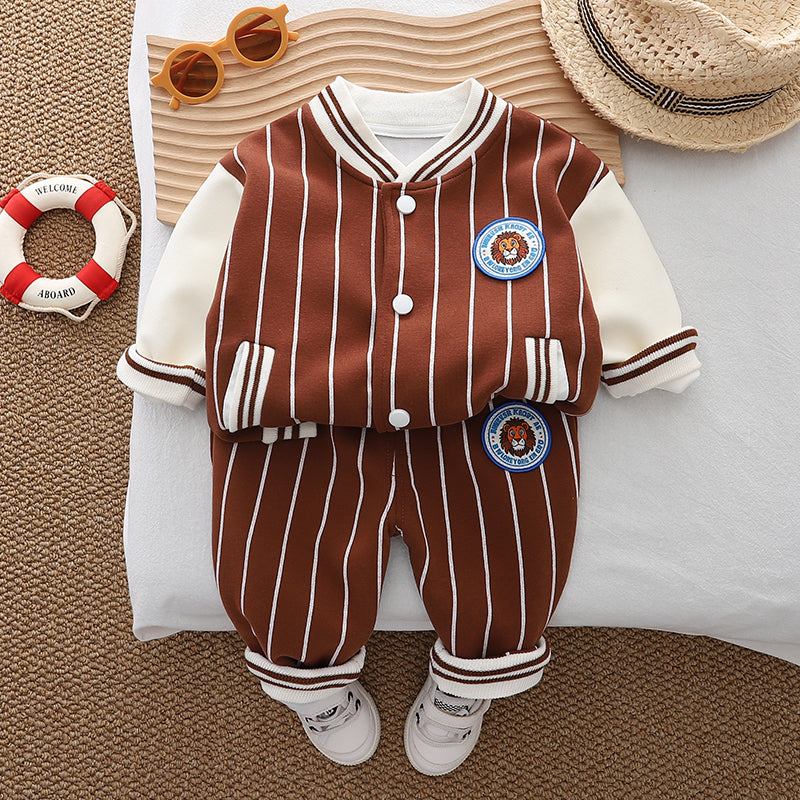Boys Striped Mandarin Collar T-shirt With Trousers