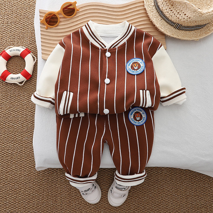 Boys Striped Mandarin Collar T-shirt With Trousers