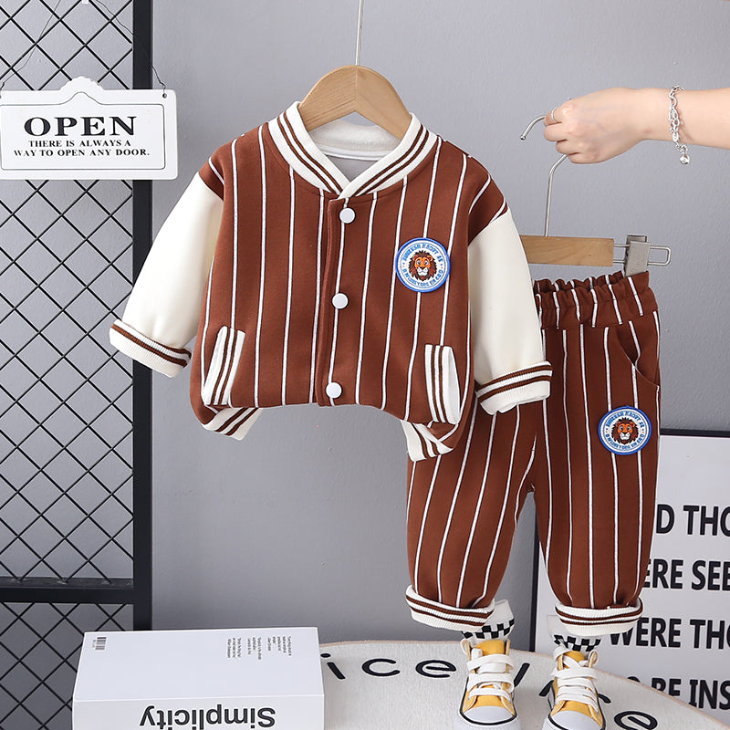 Boys Striped Mandarin Collar T-shirt With Trousers