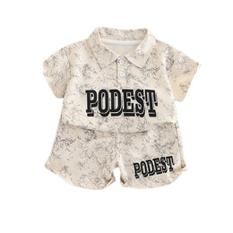 Boys Abstract Printed Pure Cotton Shirt Collar T-Shirt With Shorts