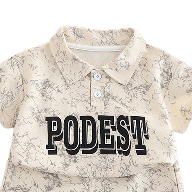 Boys Abstract Printed Pure Cotton Shirt Collar T-Shirt With Shorts