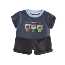 Boys Striped Round Neck Pure Cotton T-shirt with Shorts