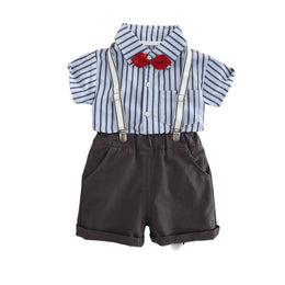 Boys Striped Shirt Collar Pure Cotton Shirt with Shorts & Suspender