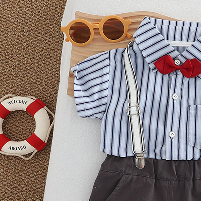 Boys Striped Shirt Collar Pure Cotton Shirt with Shorts & Suspender