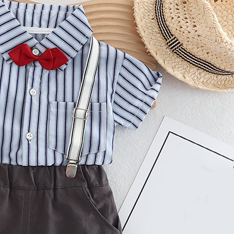 Boys Striped Shirt Collar Pure Cotton Shirt with Shorts & Suspender