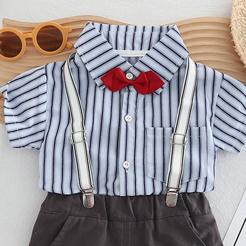 Boys Striped Shirt Collar Pure Cotton Shirt with Shorts & Suspender