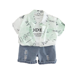 Boys Printed Shirt Collar Pure Cotton T-shirt & Shirt With Shorts