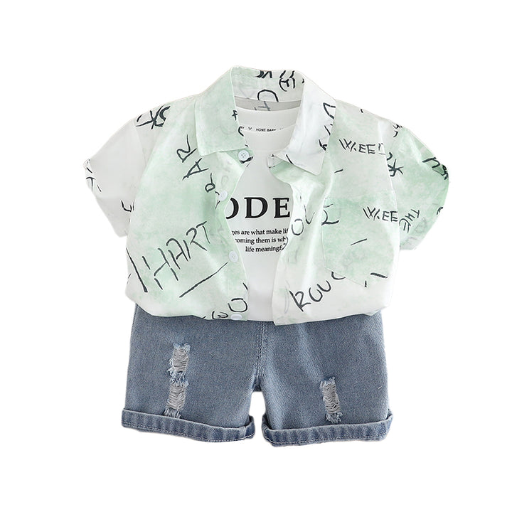 Boys Printed Shirt Collar Pure Cotton T-shirt & Shirt With Shorts