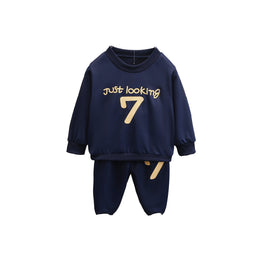 Boys Navy Blue & Yellow Printed T-Shirt With Trousers