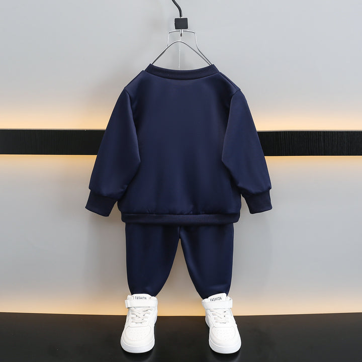 Boys Navy Blue & Yellow Printed T-Shirt With Trousers