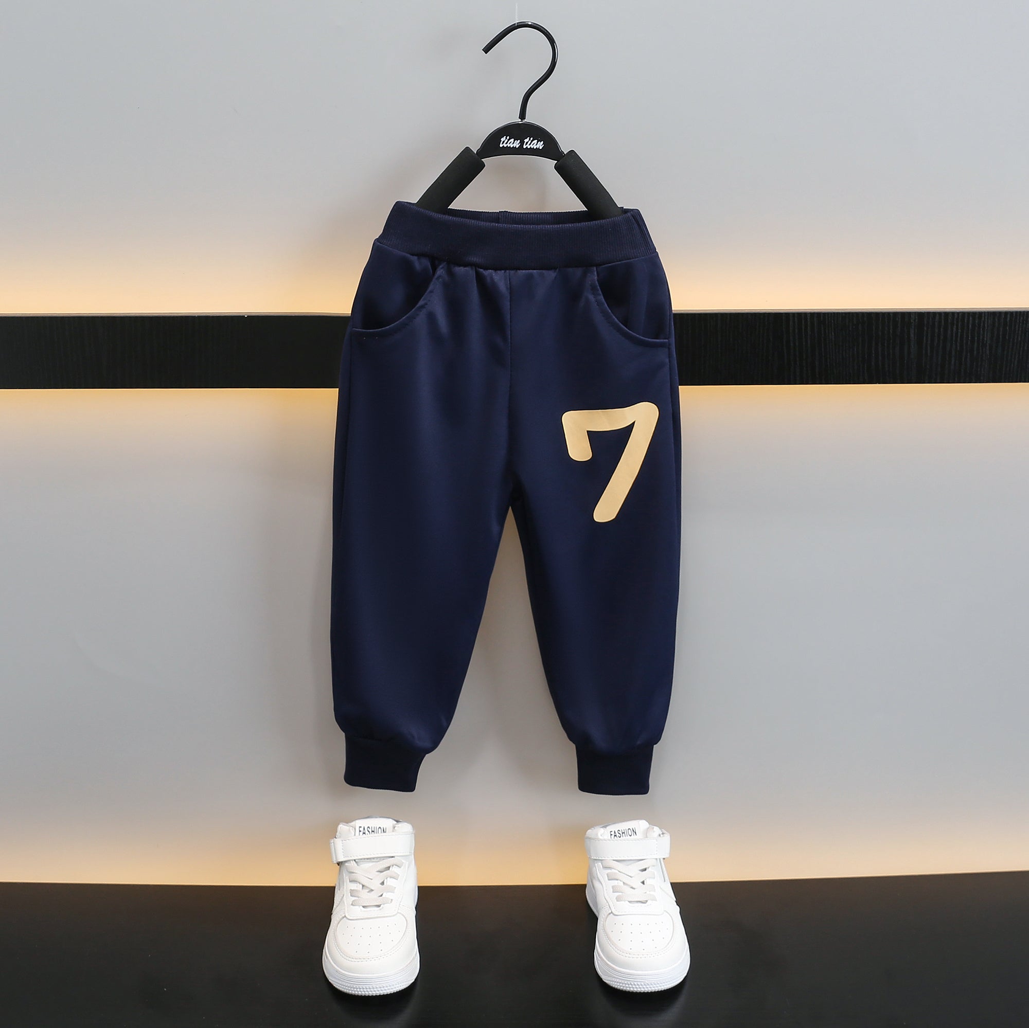 Boys Navy Blue & Yellow Printed T-Shirt With Trousers