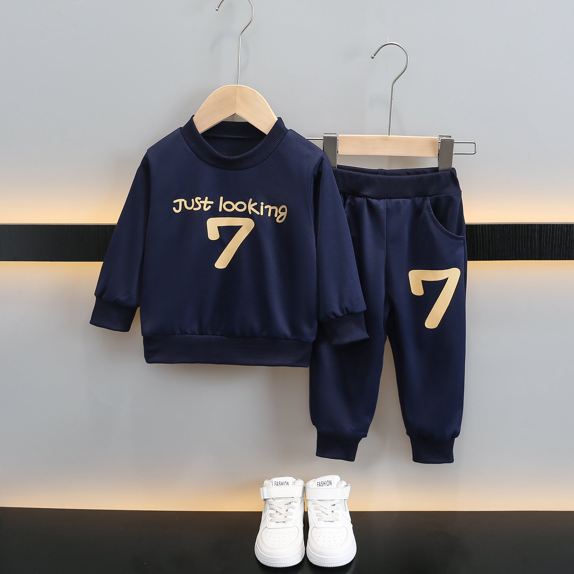 Boys Navy Blue & Yellow Printed T-Shirt With Trousers