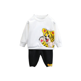 Boys White & Black Printed T-shirt with Trousers