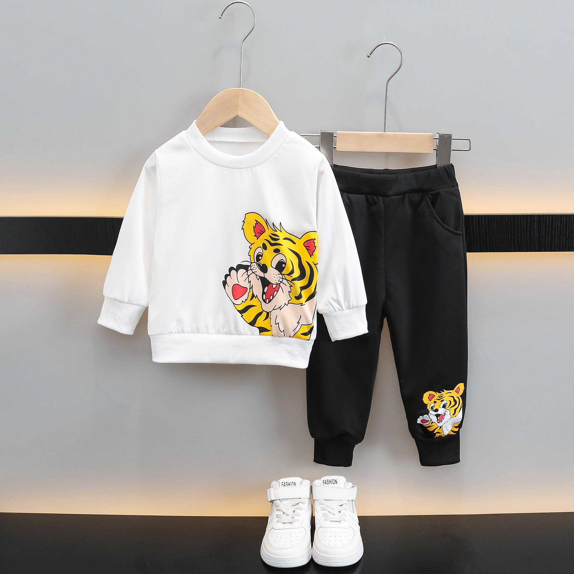 Boys White & Black Printed T-shirt with Trousers