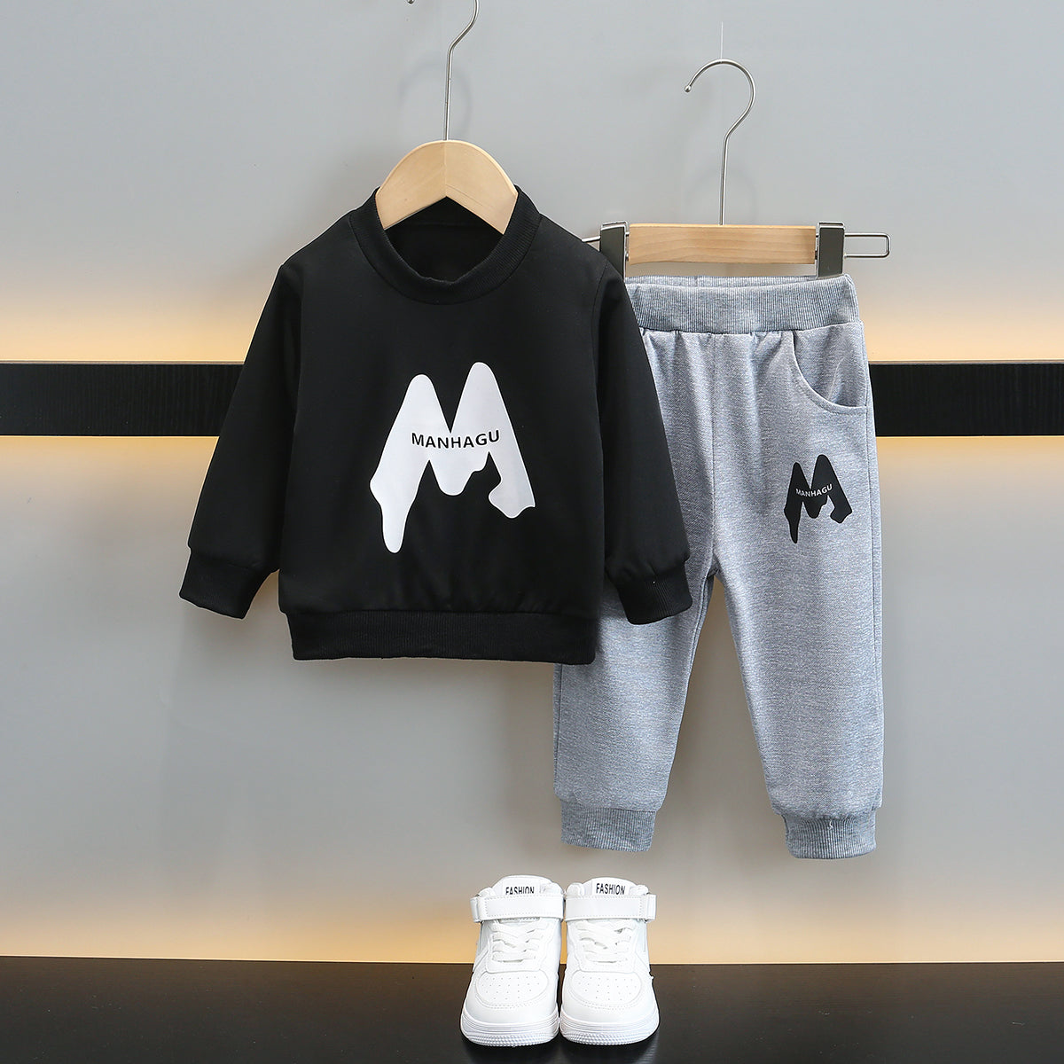 Boys Black & White Printed T-Shirt With Trousers