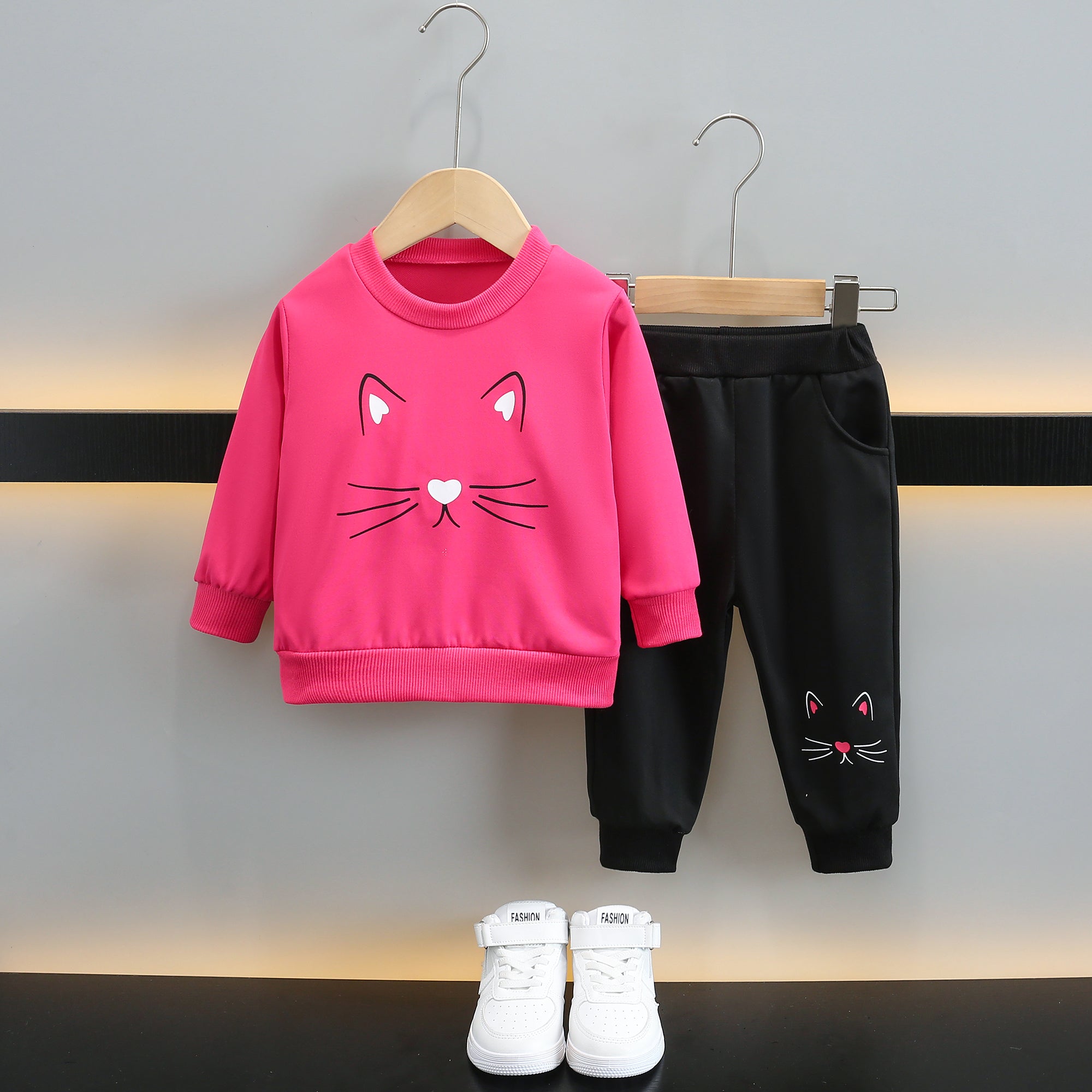 Girls Fuchsia & Black Printed T-shirt with Trouser
