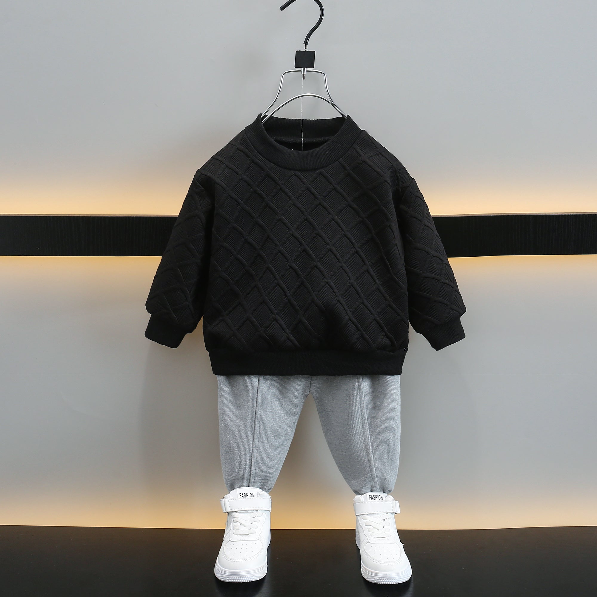Boys Black & Grey Self Design T-shirt with Trousers