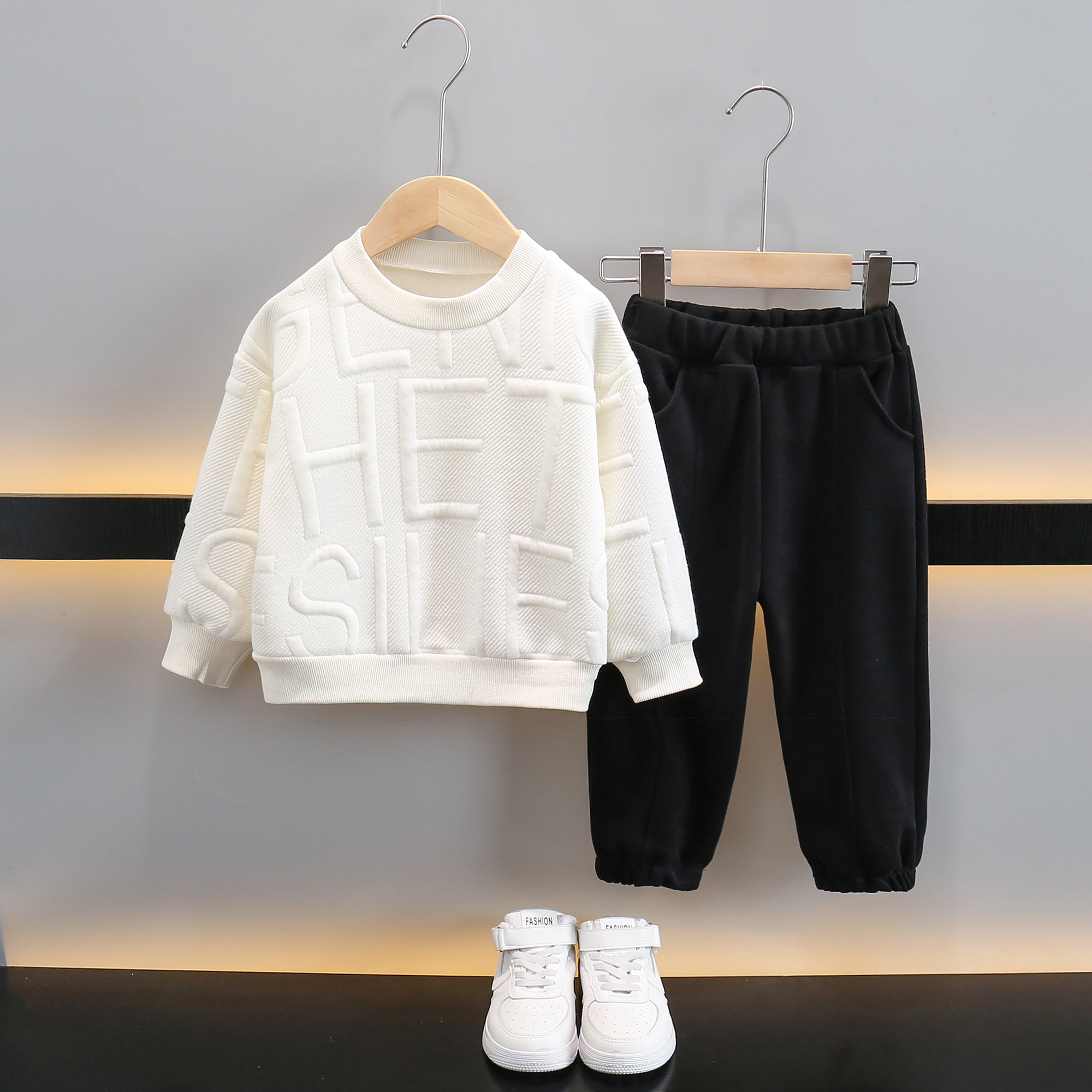 Boys White & Black Self Design T-shirt with Pyjamas