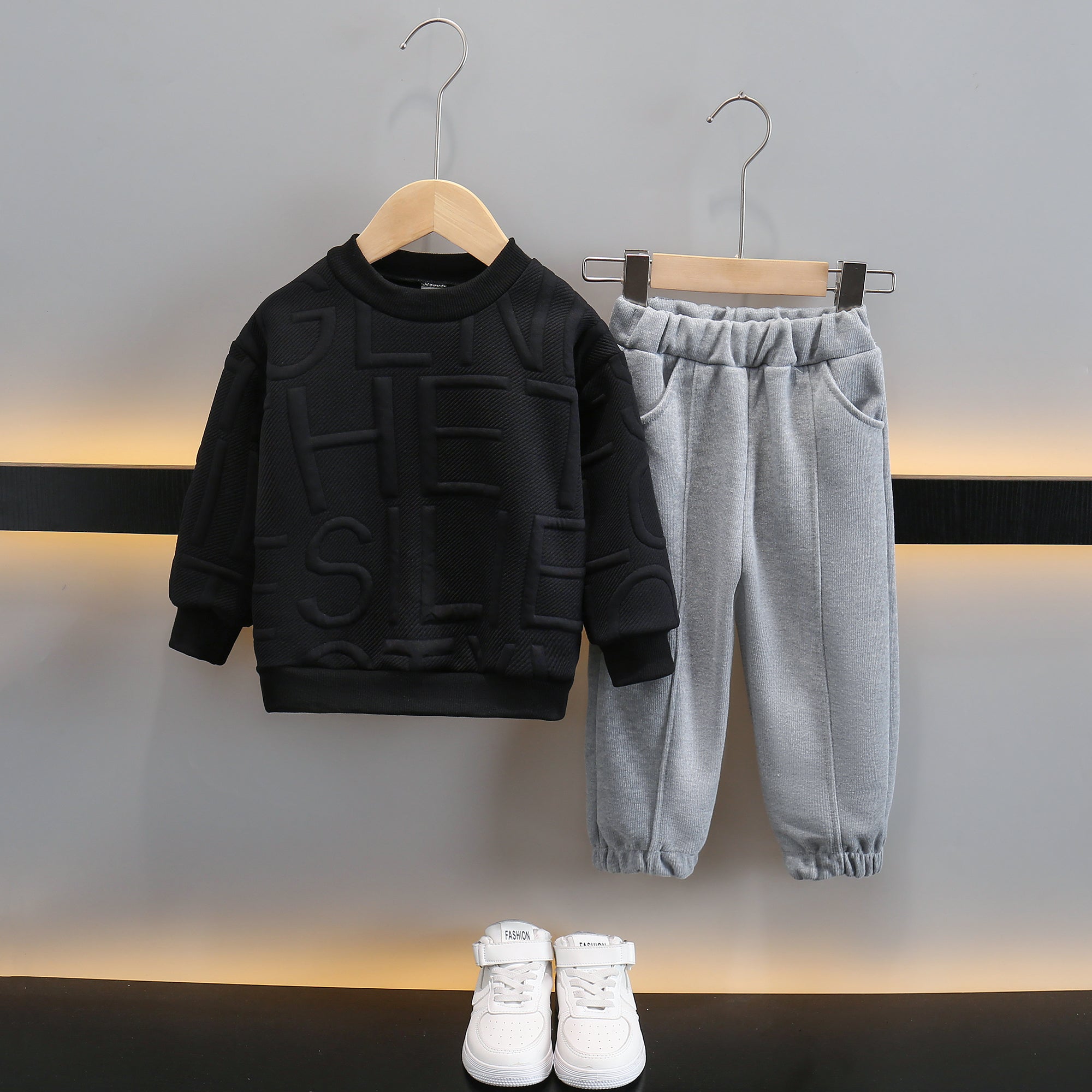 Boys Black & Grey Self Design T-shirt with Joggers