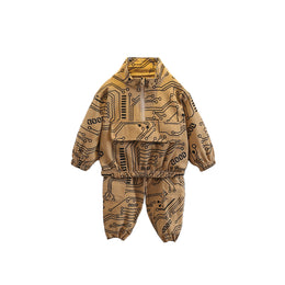 Boys Khaki & Black Printed Mock Collar Sweatshirt with Joggers