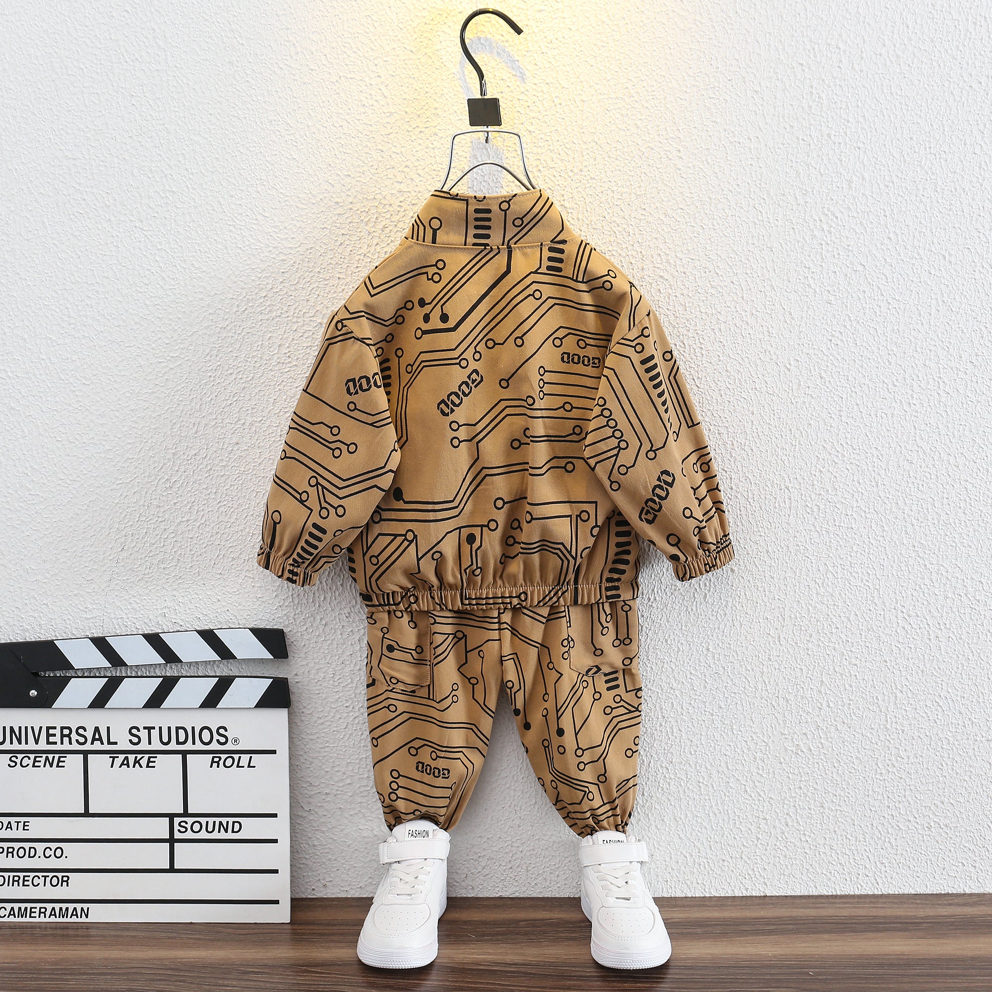 Boys Khaki & Black Printed Mock Collar Sweatshirt with Joggers