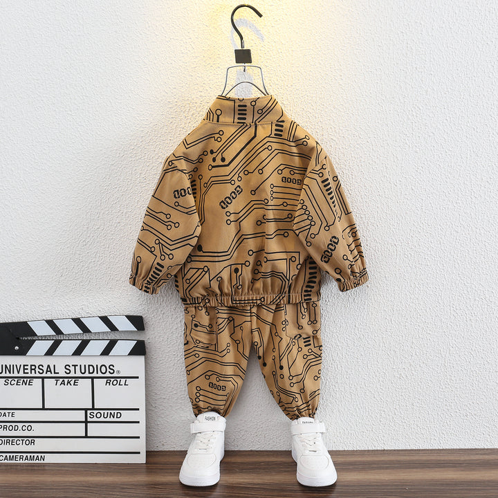 Boys Khaki & Black Printed Mock Collar Sweatshirt with Joggers