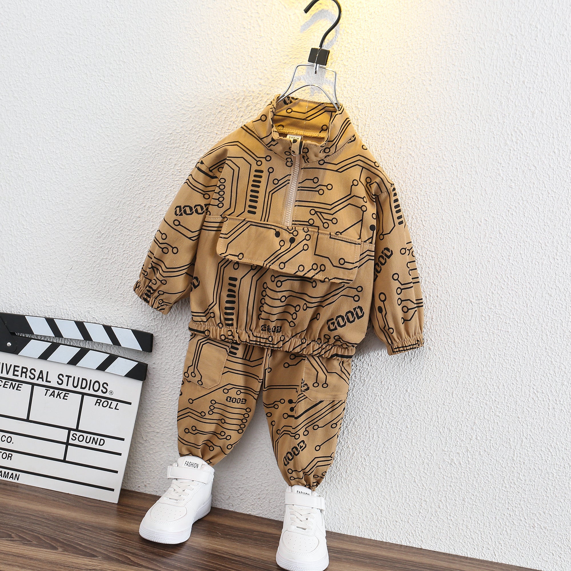 Boys Khaki & Black Printed Mock Collar Sweatshirt with Joggers