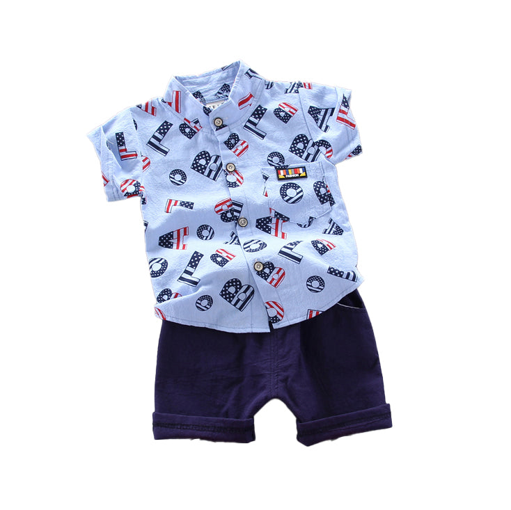 Boys Printed Mandarin Collar Pure Cotton Shirt With Shorts