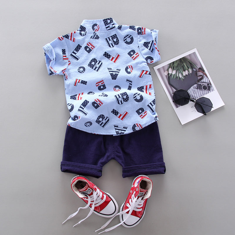 Boys Printed Mandarin Collar Pure Cotton Shirt With Shorts