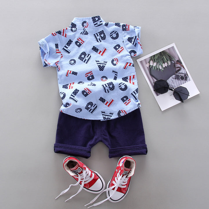 Boys Printed Mandarin Collar Pure Cotton Shirt With Shorts