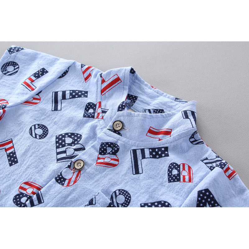Boys Printed Mandarin Collar Pure Cotton Shirt With Shorts